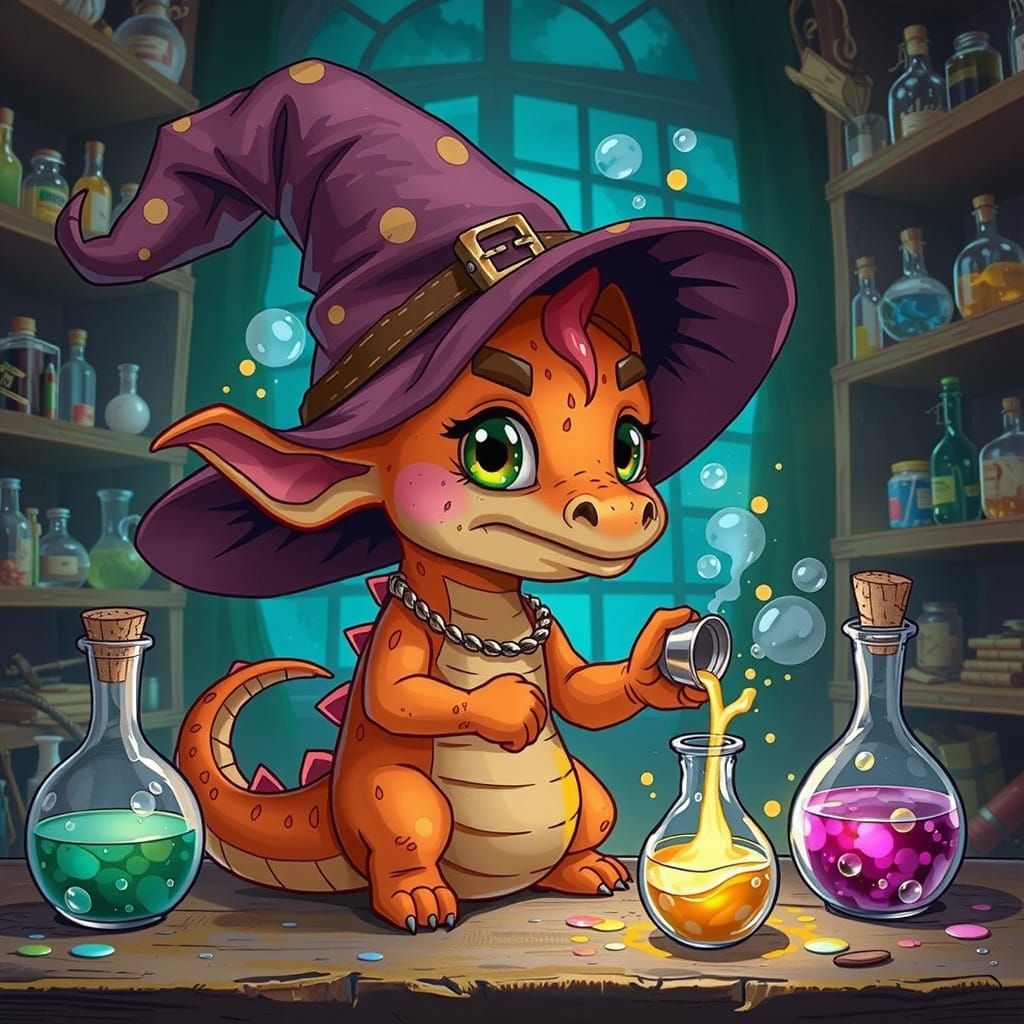 Cute Baby Dragon Wizard Mixes Potions in Workshop