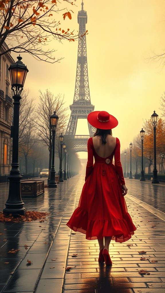 Romantic Impressionist Woman Walking towards the Eiffel Towe...