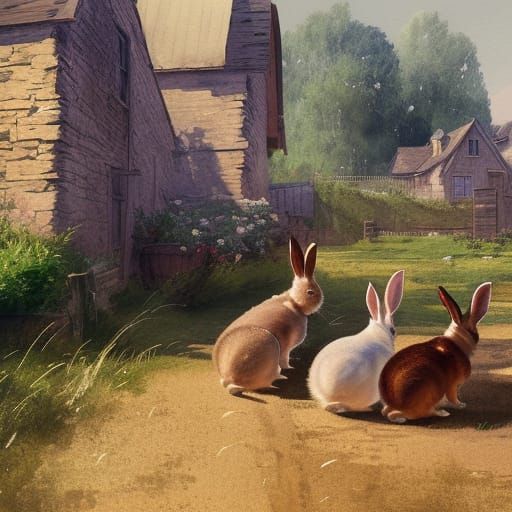 Bunnies Farming at Sunny Farmhouse, Watercolor Style