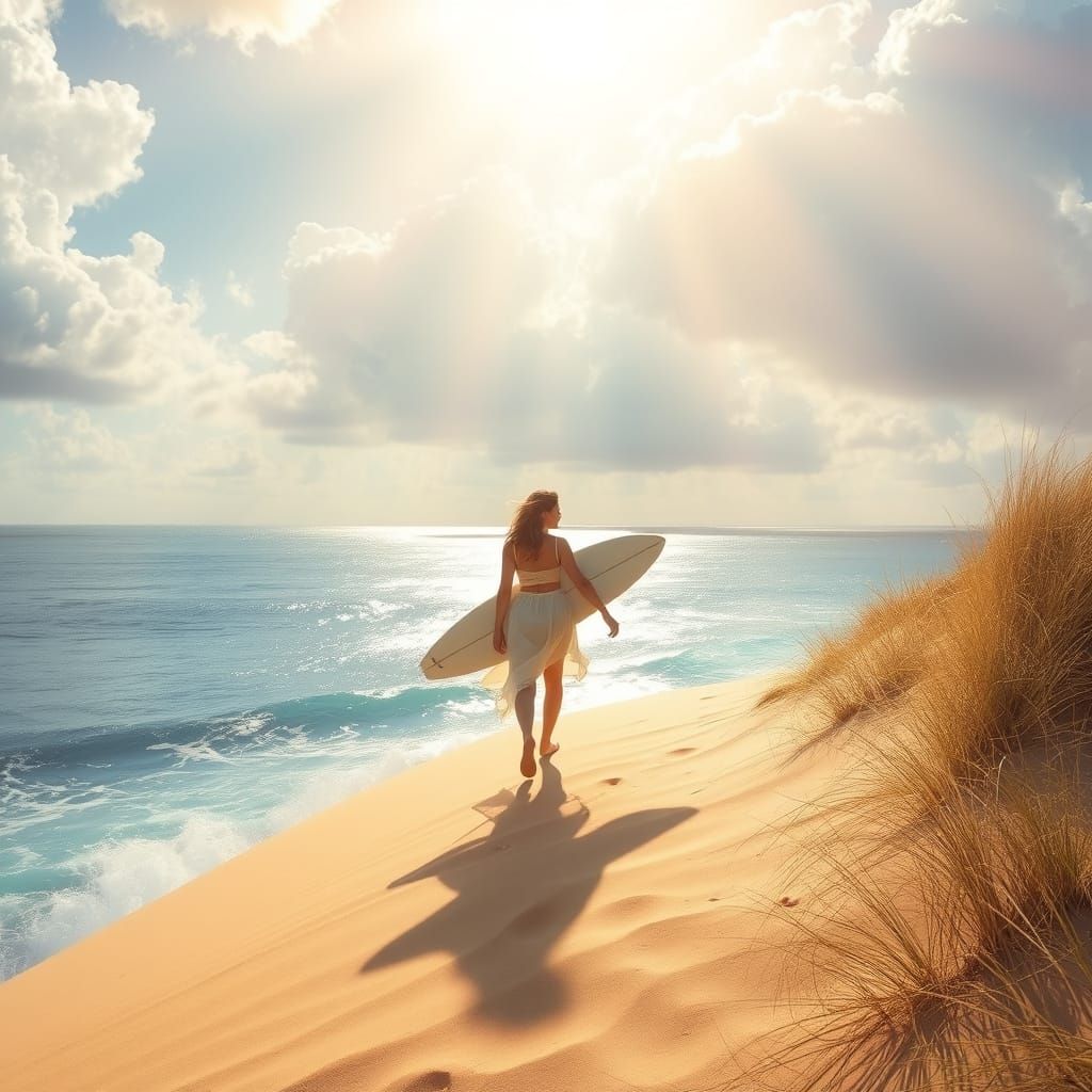 Fantasy style surfer girl walking down  a dune to the sea