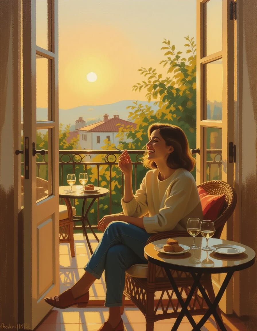 Impressionist Oil Painting of Woman Laughing on Sunny Terrac...