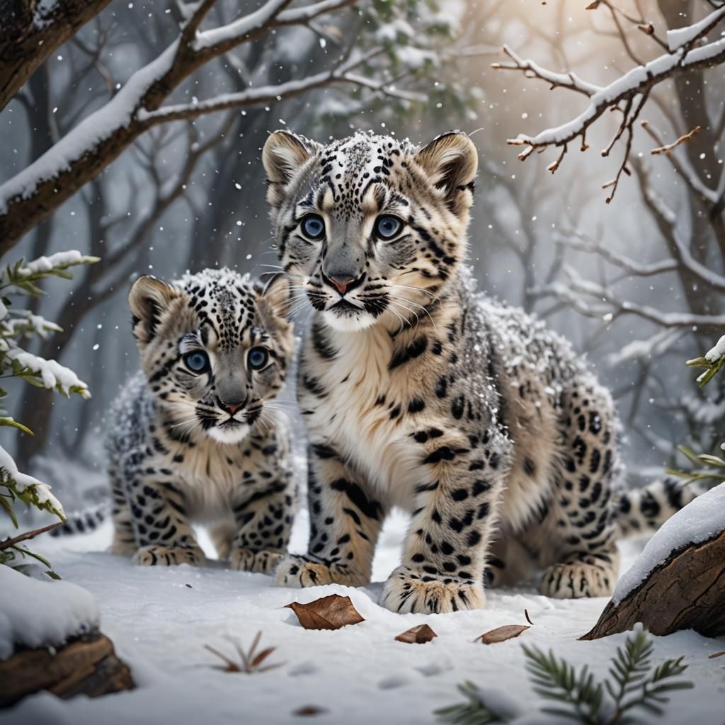 Adorable Snow Leopard Cubs Playing in Snow