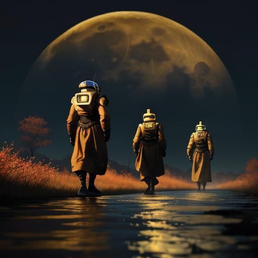 Robots Walking on Water Under Moonlight