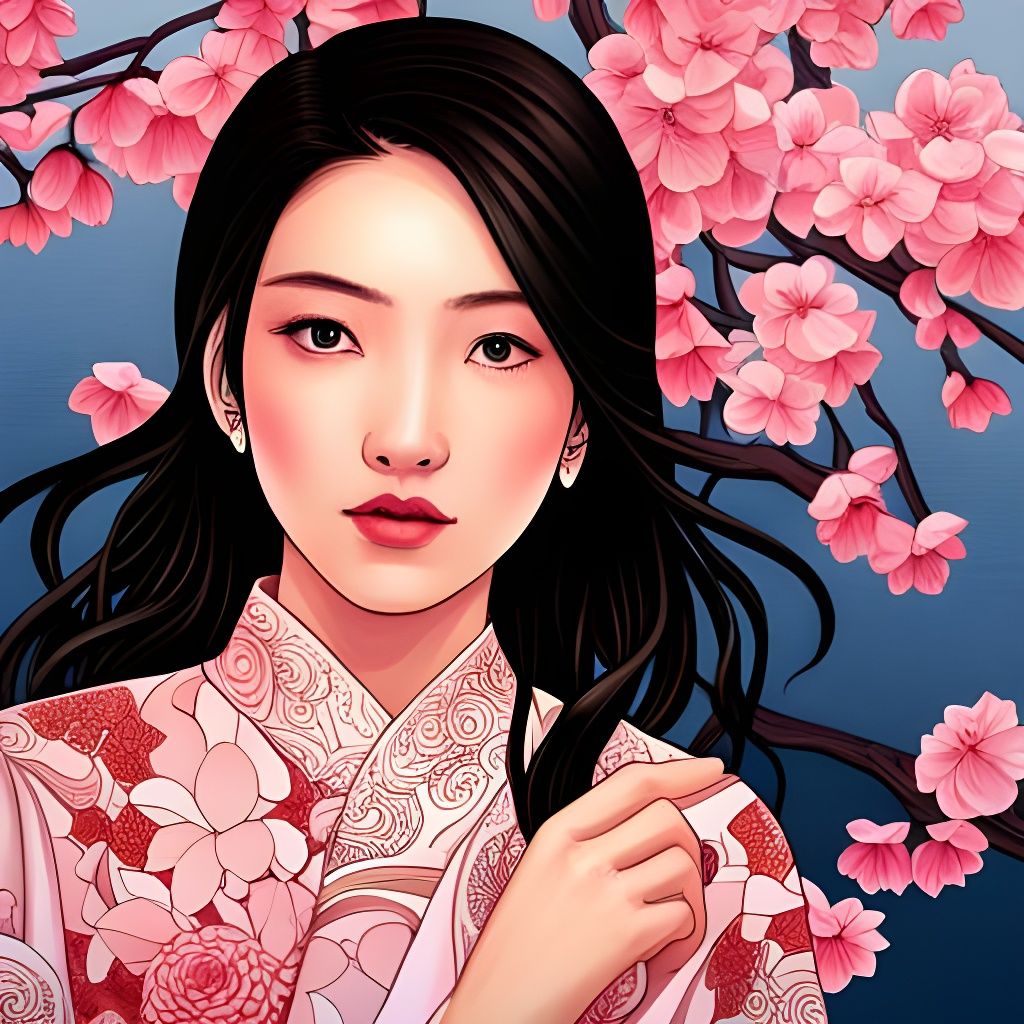 Japanese Girl in Kimono with Cherry Blossoms