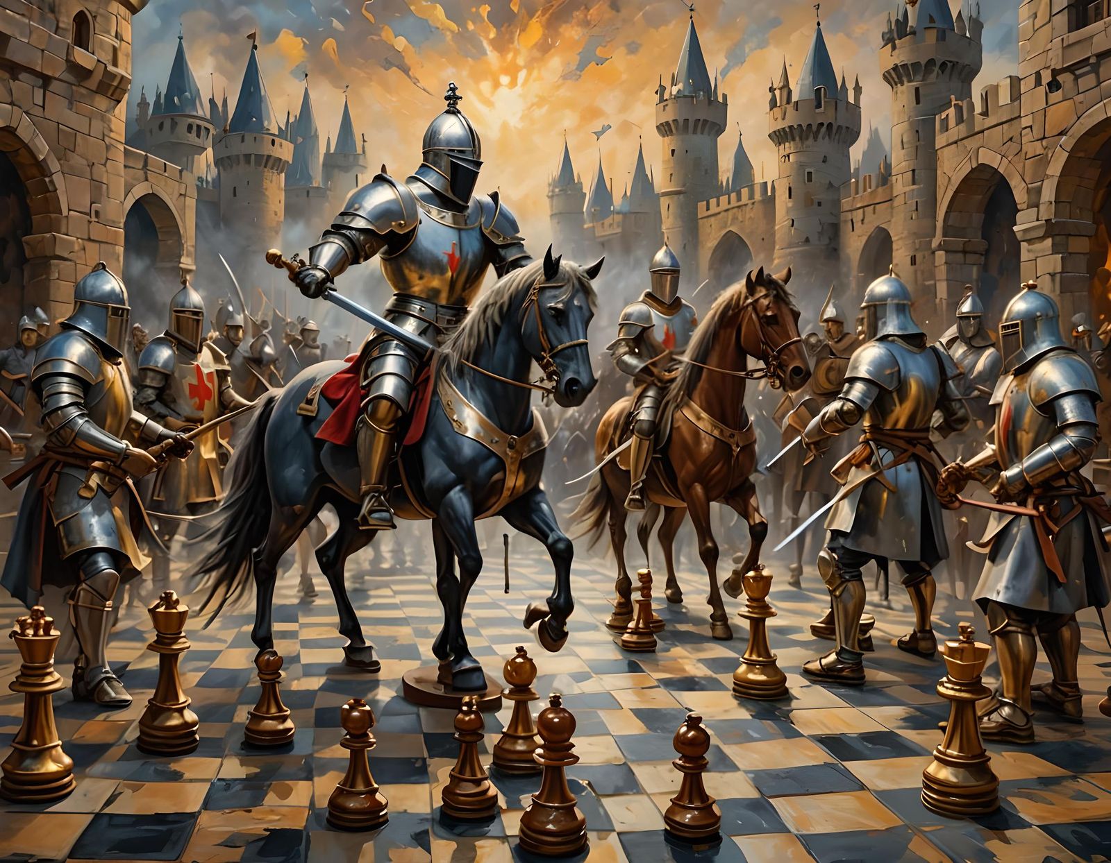 Fierce Knight Battle on Chess Board, Oil Painting