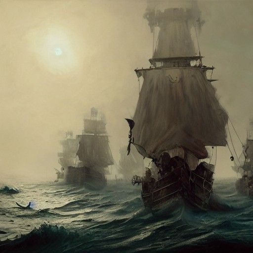 Eerie Ghost Pirate Fleet on Foggy Sea