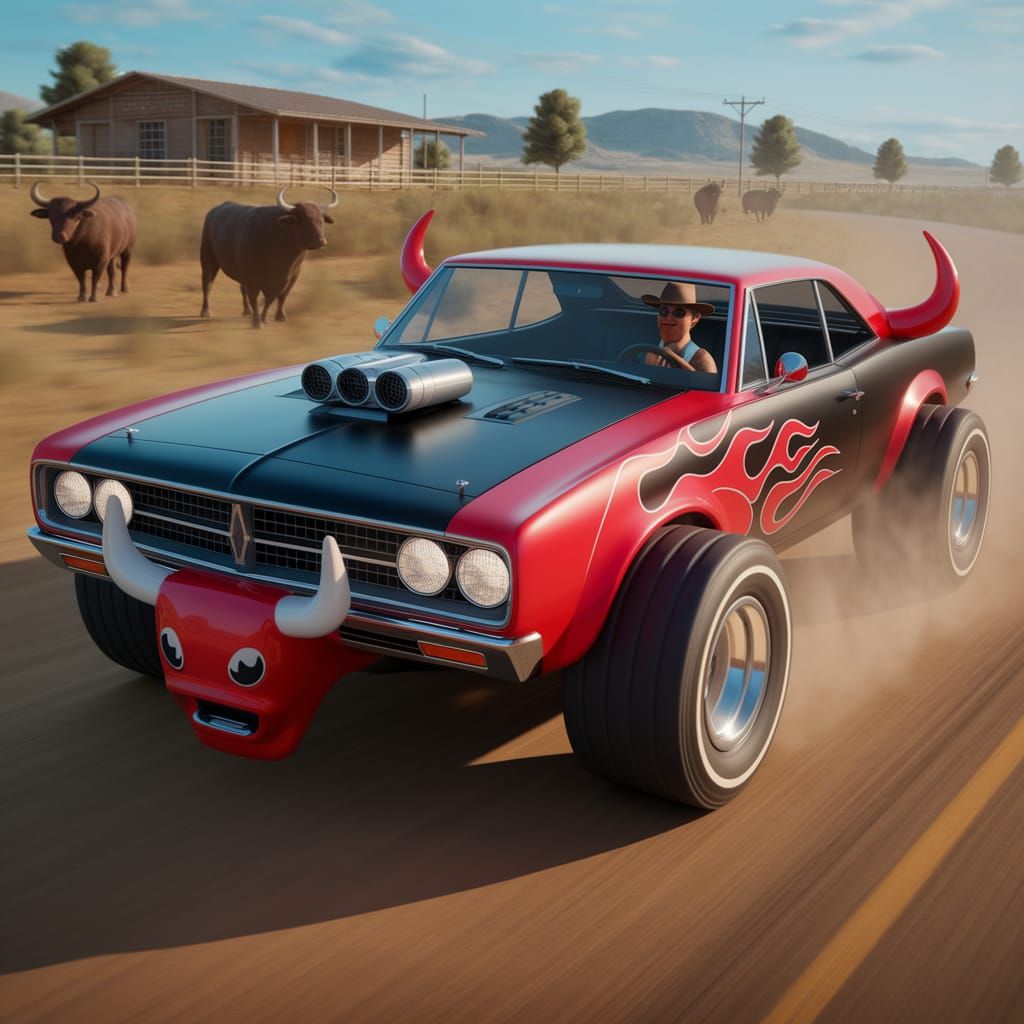 Surreal Bull-Themed Muscle Car in 3D Digital Art