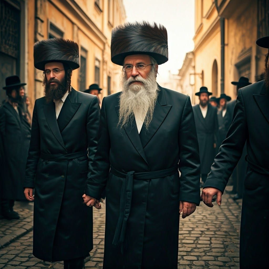 Hasidic Jews Walking in Ukrainian Town, Photorealistic Style