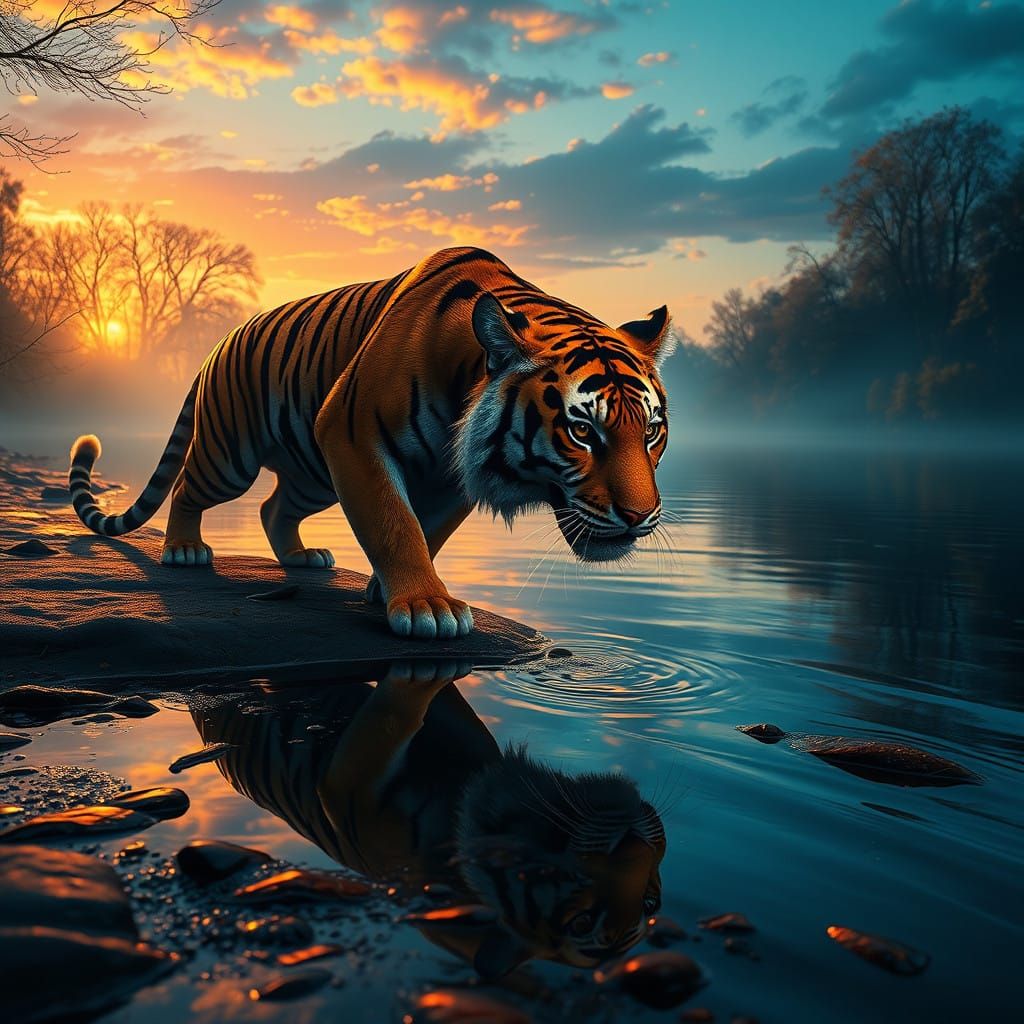 Majestic Tiger in Sunset Reflection