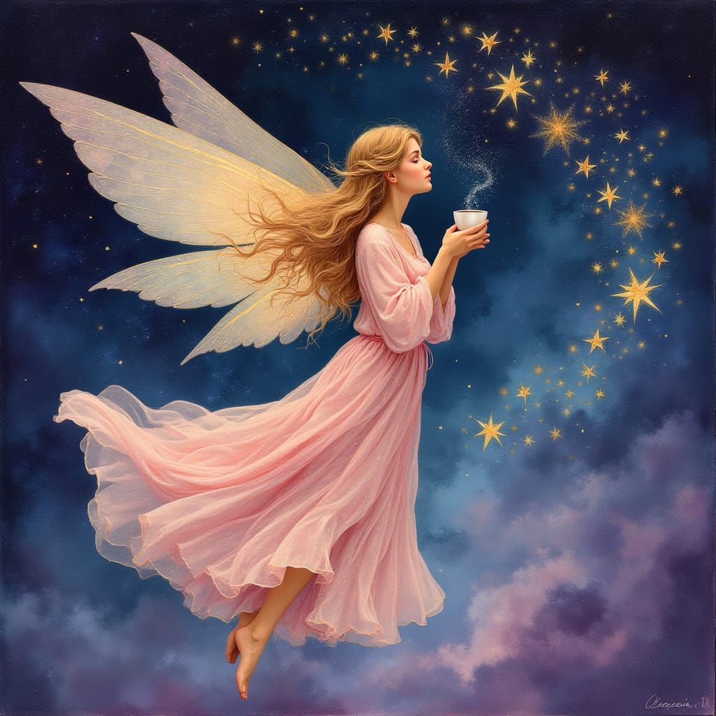 Celestial Fairy Dancing Among Stars in Art Nouveau Style