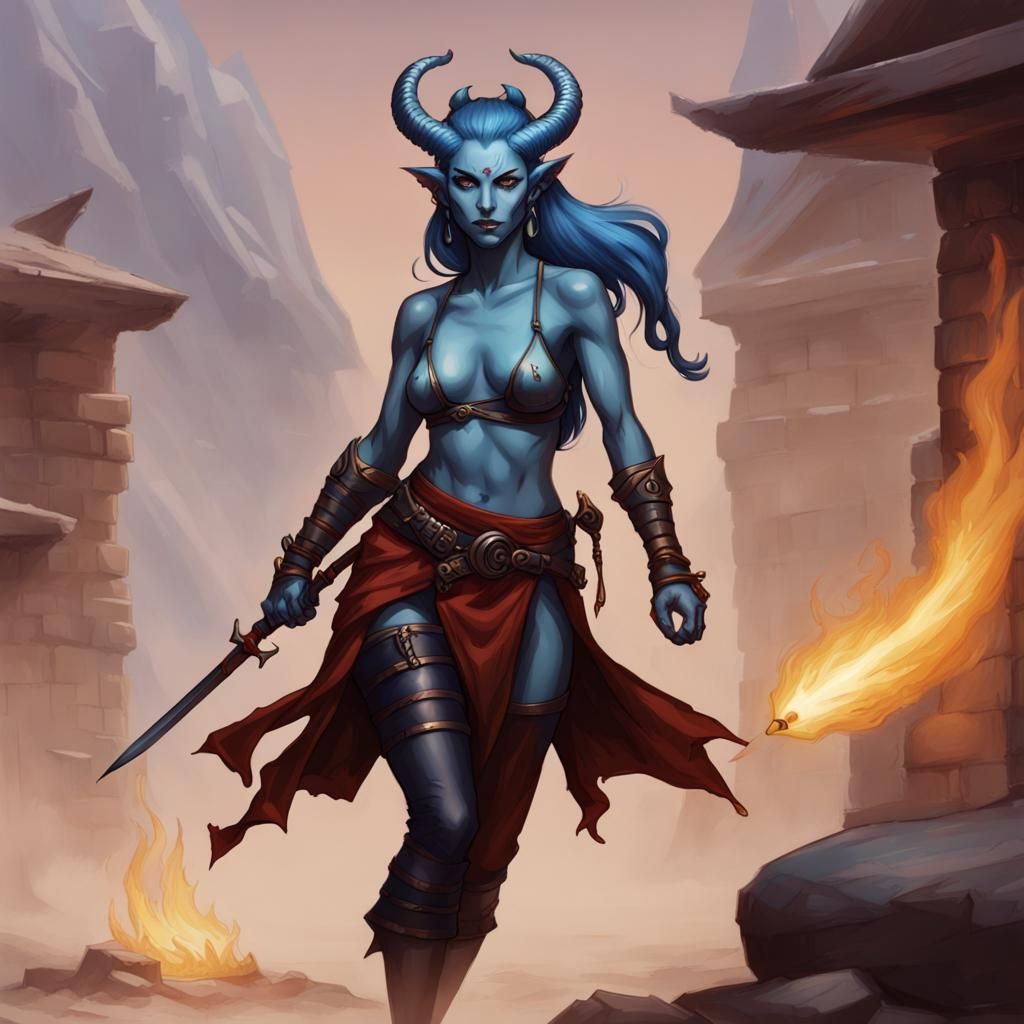 Tiefling Warrior Woman with Blue Hair
