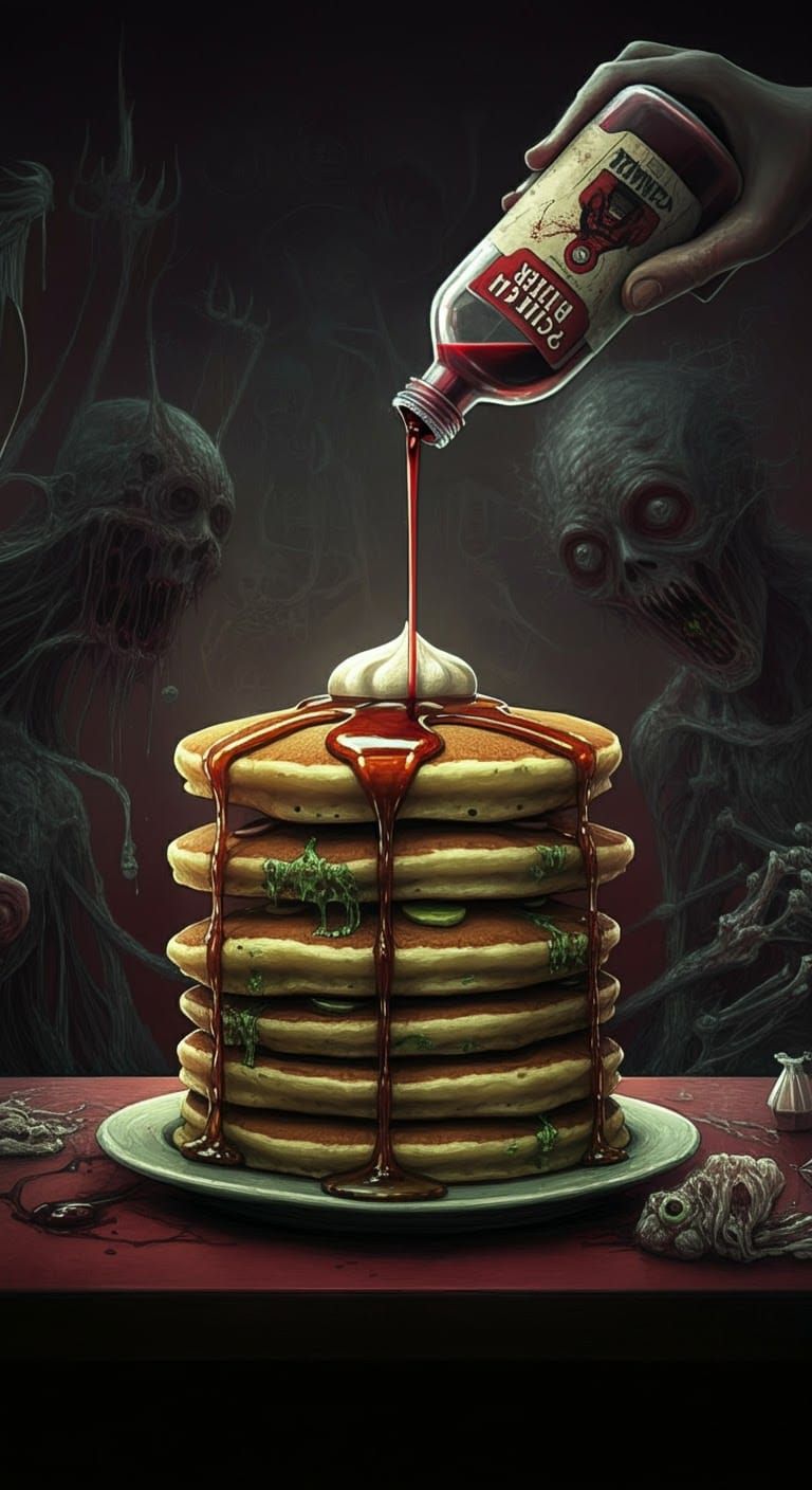 Horror Pancakes with Killer Syrup in Beksiński Style