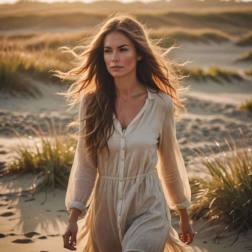 Woman with Long Hair on Windy Beach at Sunset