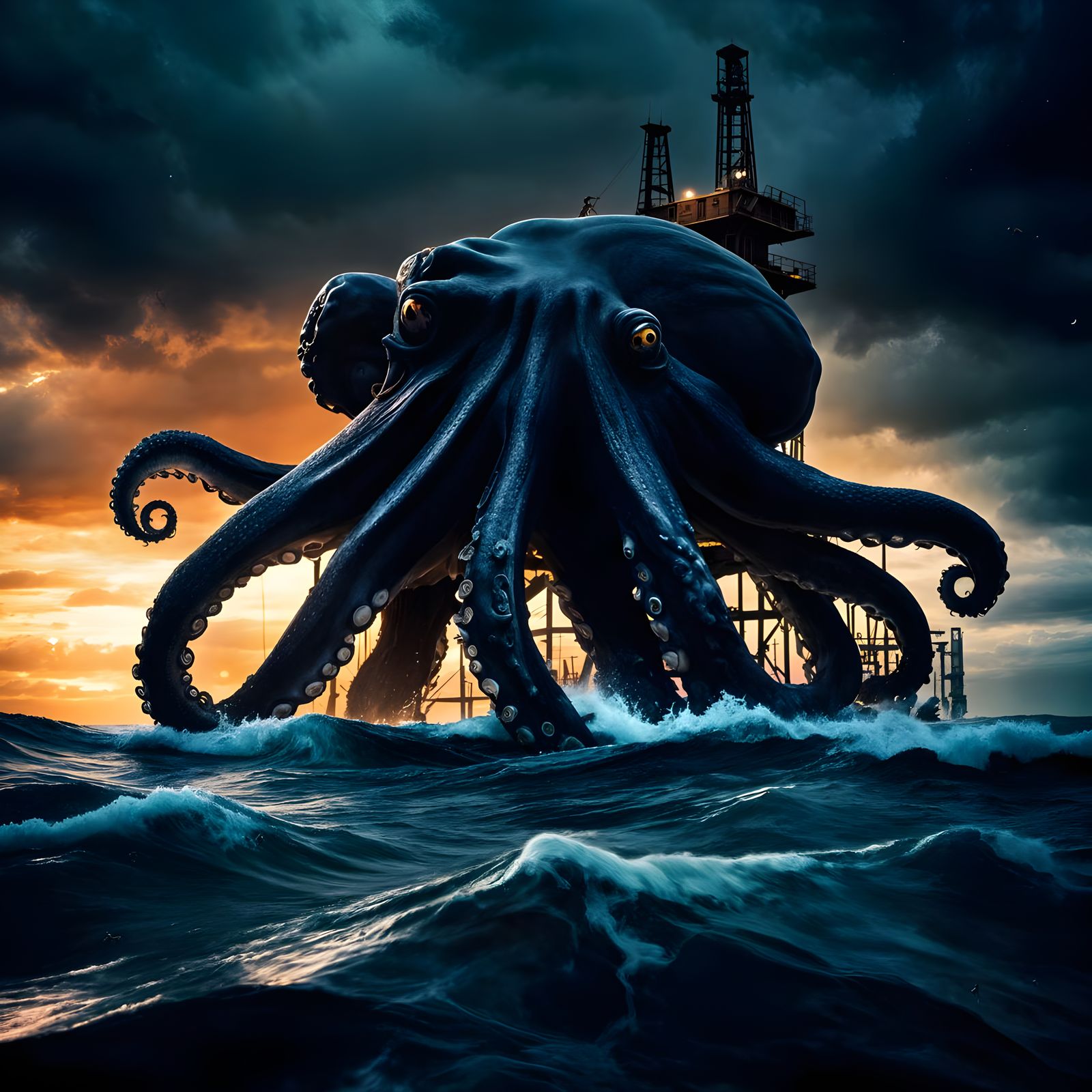 Giant Octopus Grasping Oil Rig at Sunset