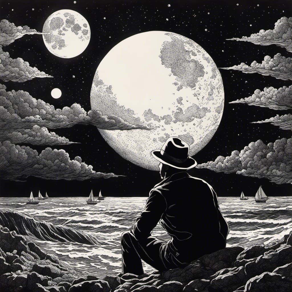 Man Asleep in Black Ocean: Pen and Ink Sketch