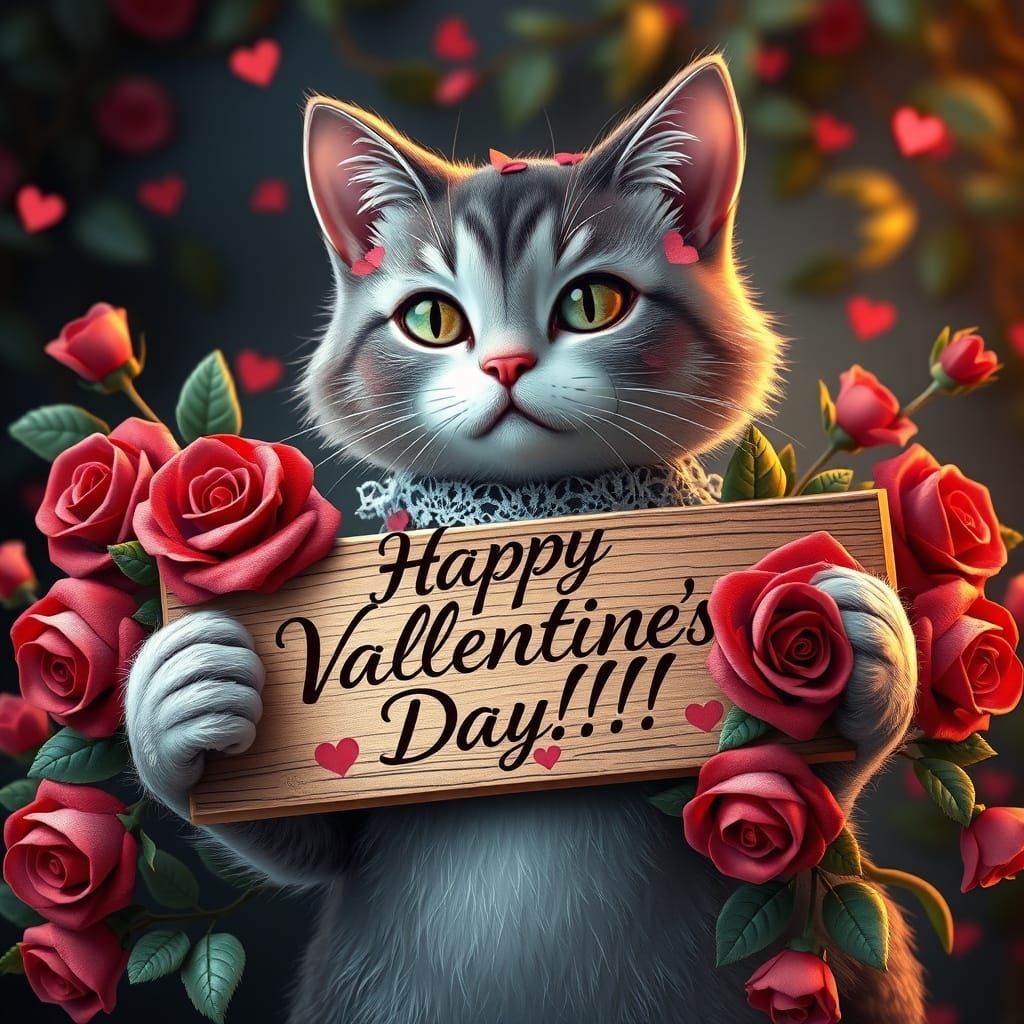 Whimsical Cat Celebrates Valentine's Day in Elegant, Dreamli...