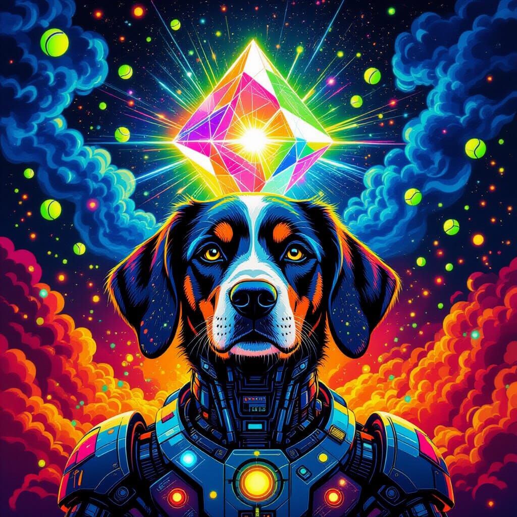 Angelic Robot Dog with Laser Prism in Psychedelic Style