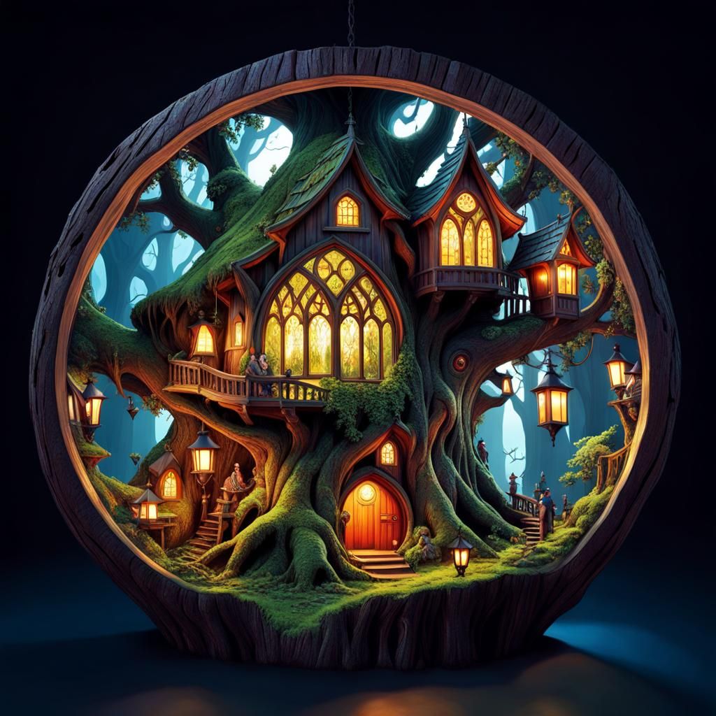 Whimsical Fantasy Village Illuminated by Radiant Lamps