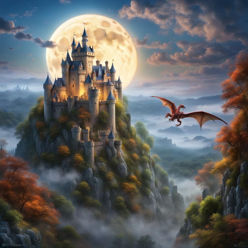 Dragon Over Castle: Medieval Sci-Fi Fusion in 3D