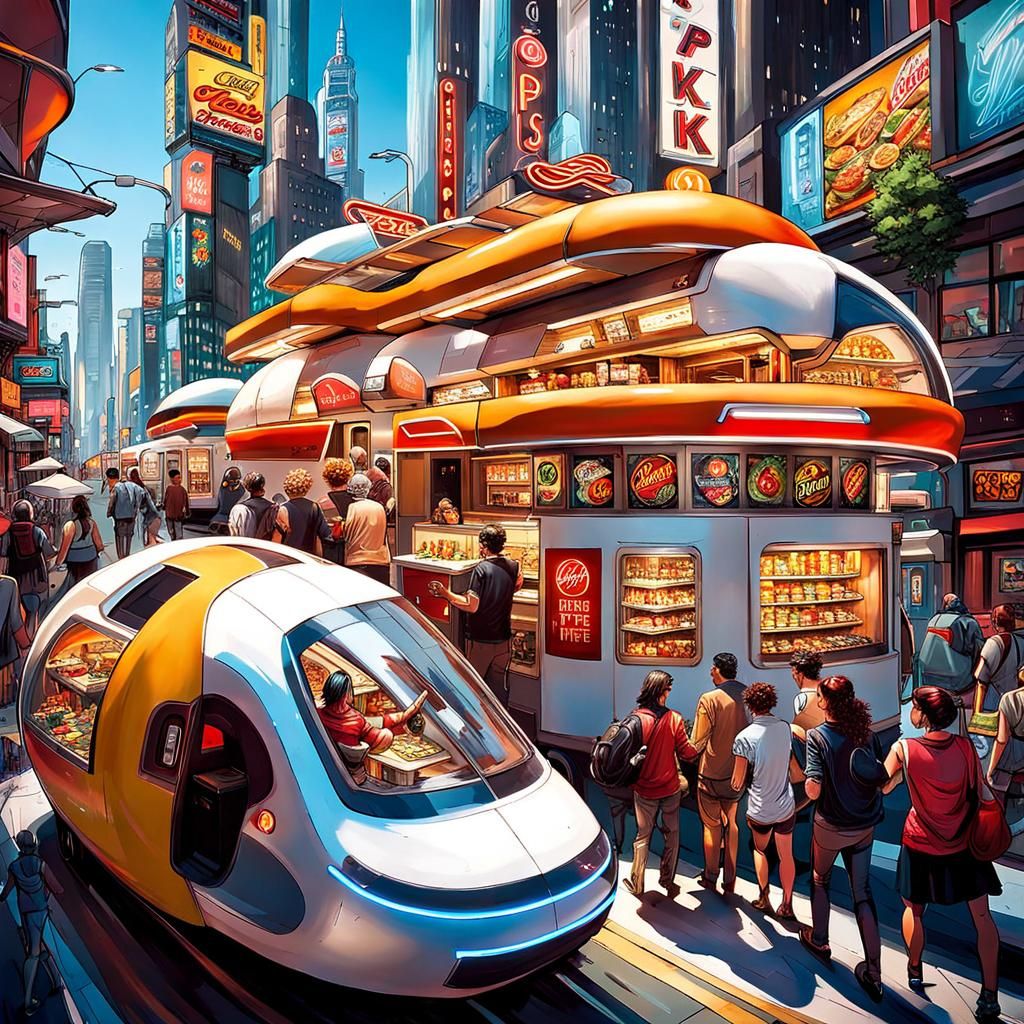Futuristic Cyberpunk Food Trucks in Hyperdetailed City