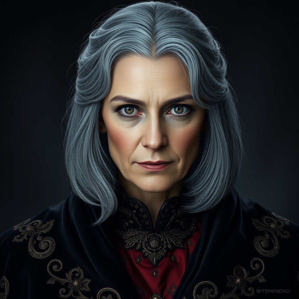 Regal Woman with Silver Hair in Dark Fantasy Style