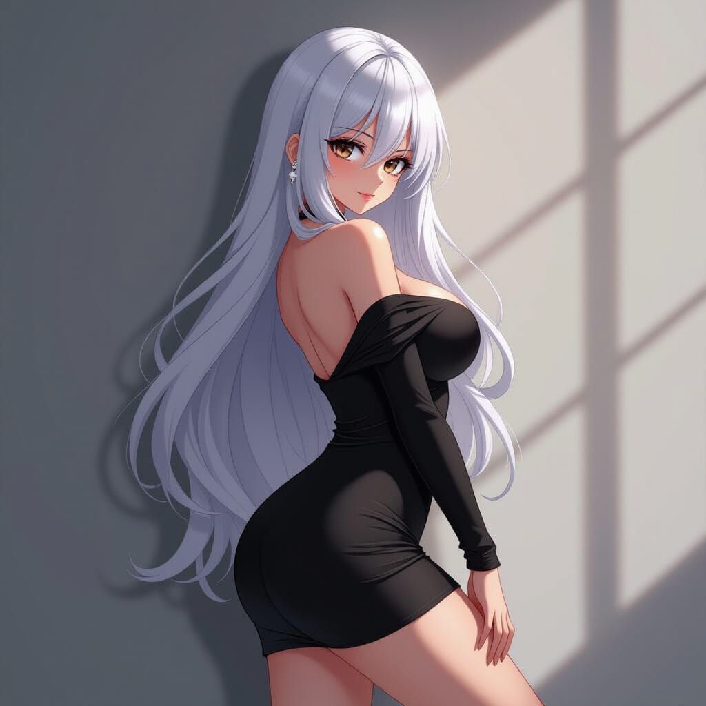 Anime Girl in Black Dress, Manga Style Illustration