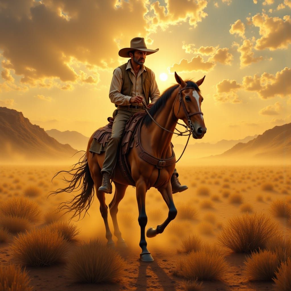 Cowboy Riding Horse in Sun-Drenched Desert Landscape