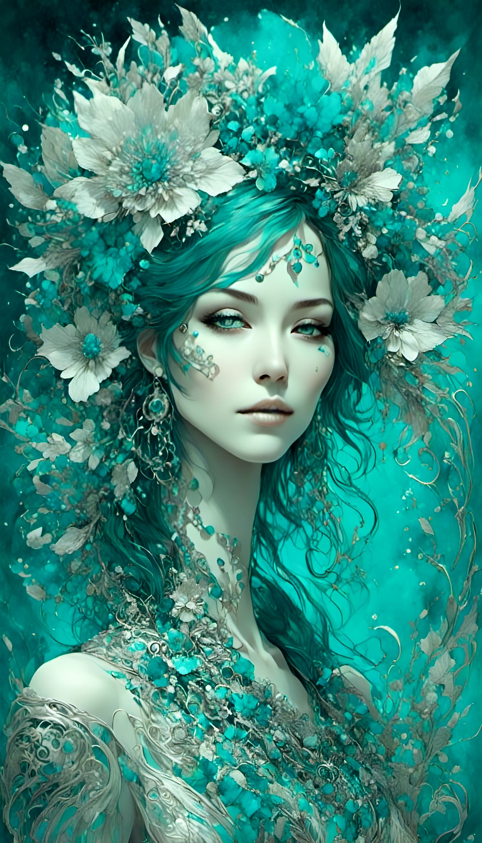 Smiling Woman Portrait in Turquoise and Silver