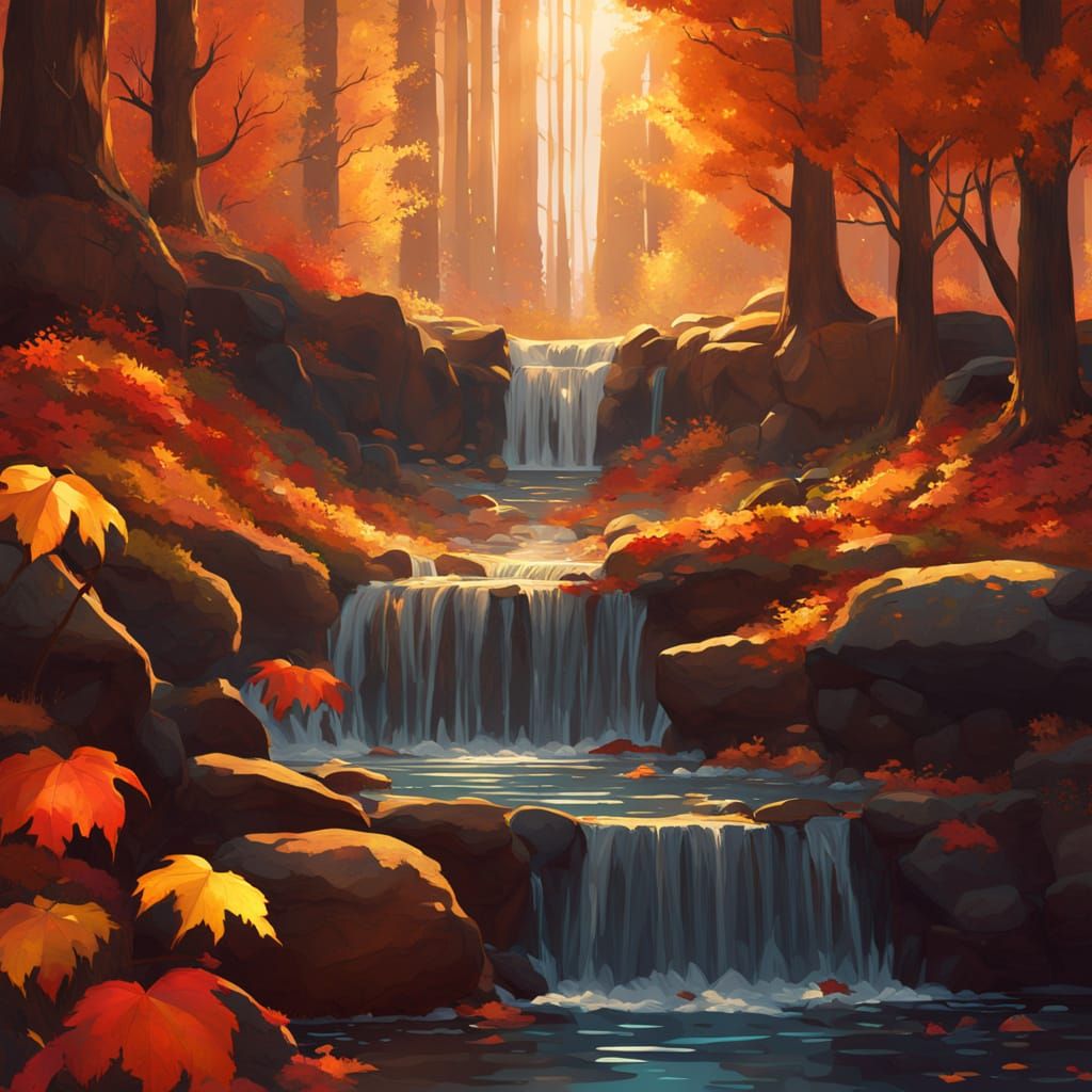 Vibrant Autumn Waterfall in Fantasy Digital Painting Style