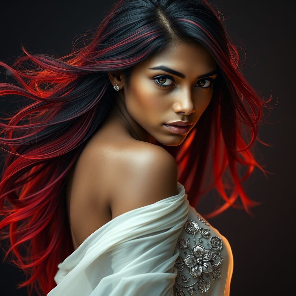 Photorealistic Woman with Crimson Hair and Silver Filigree