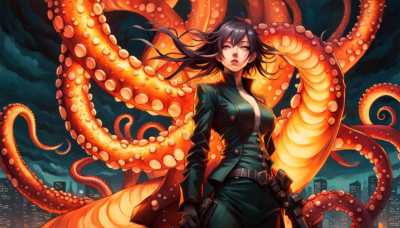 Surreal Battle Against Tentacle Drones in Burning Sky