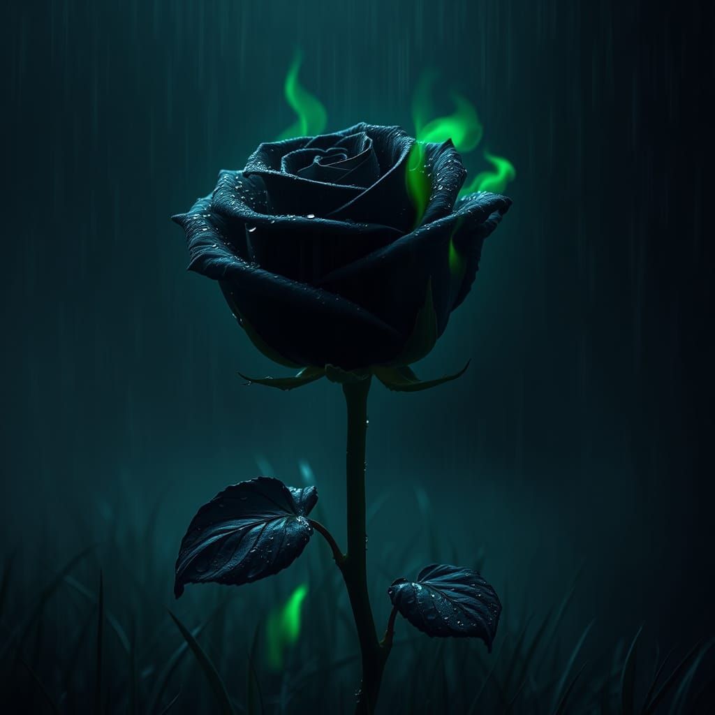 Black Rose with Green Flames in Dark Landscape