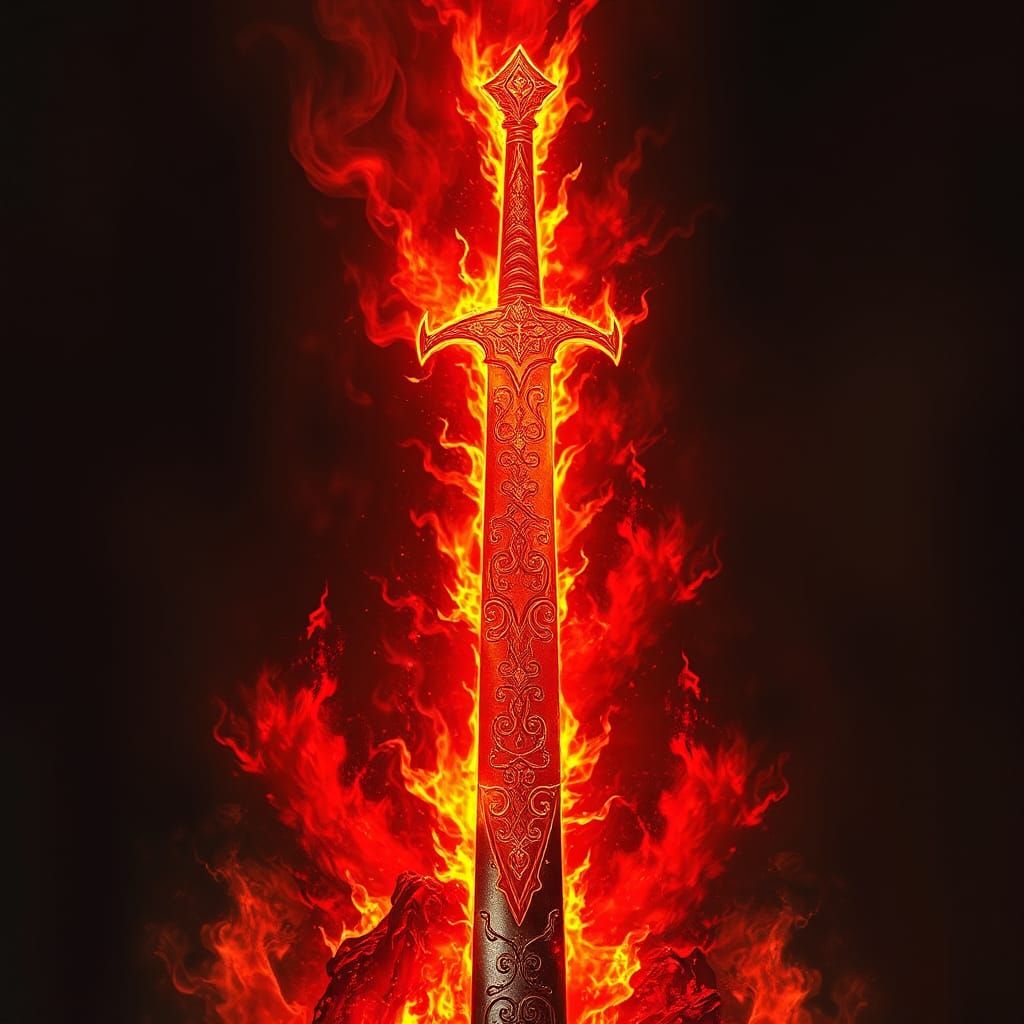 Crimson Sword with Molten Designs: A Fantasy Illustration