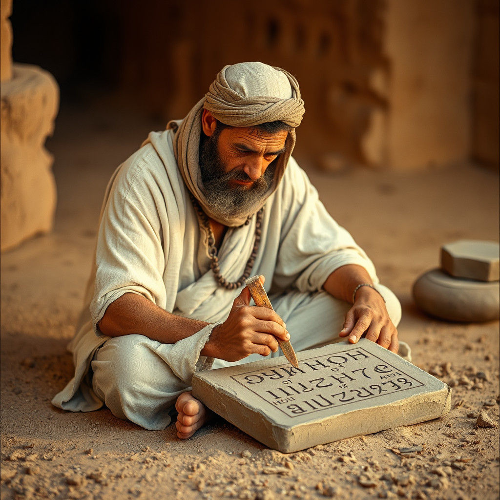 Sumerian Scribe Etching Cuneiform on Clay Tablet
