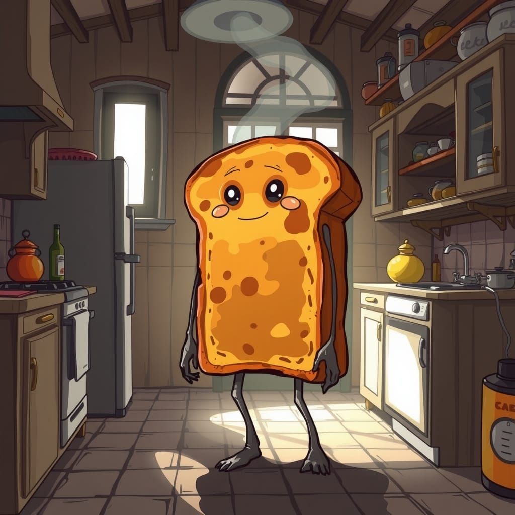 Burnt Toast Creature in Old Kitchen, Vector Art