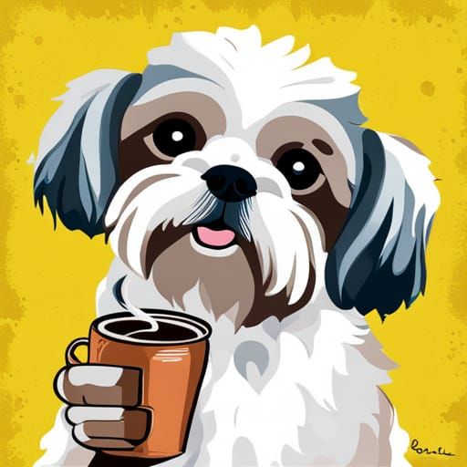 Shih Tzu Drinks Coffee in Rosie-the-Riveter Style