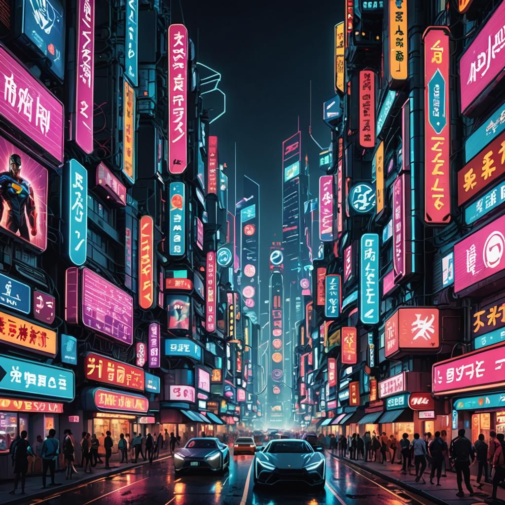 Futuristic Cityscape at Night with Superhero
