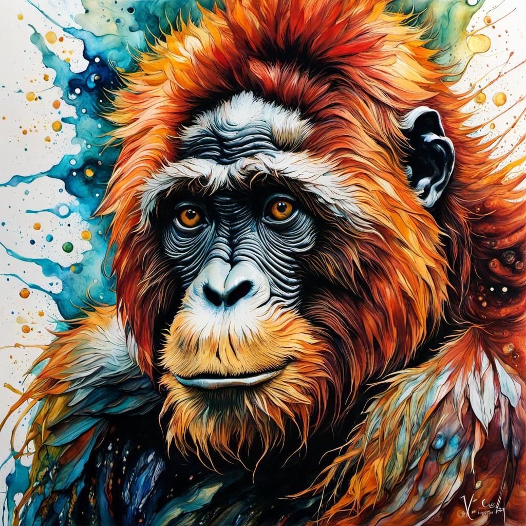 Encaustic Orangutan Portrait in Van Gogh Style
