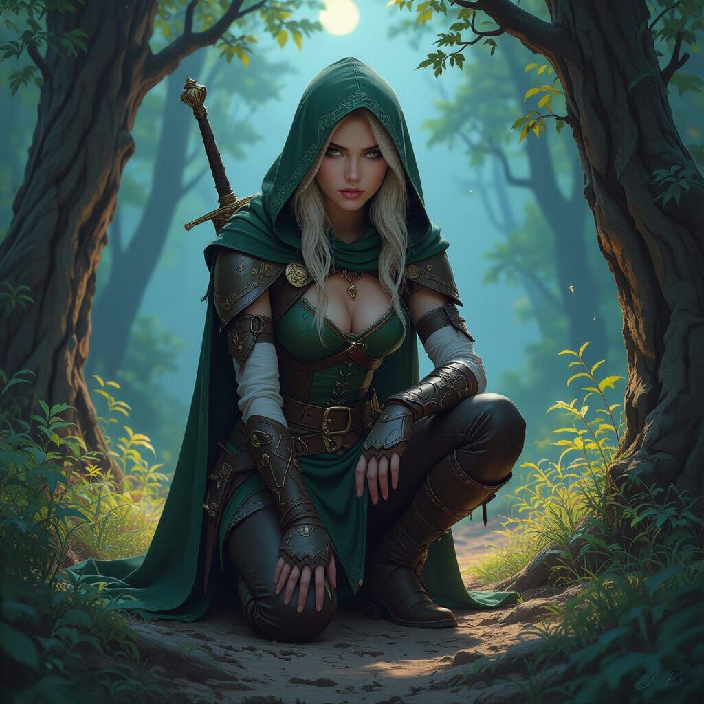 Elven Ranger in Moonlit Forest, Dark Fantasy Art