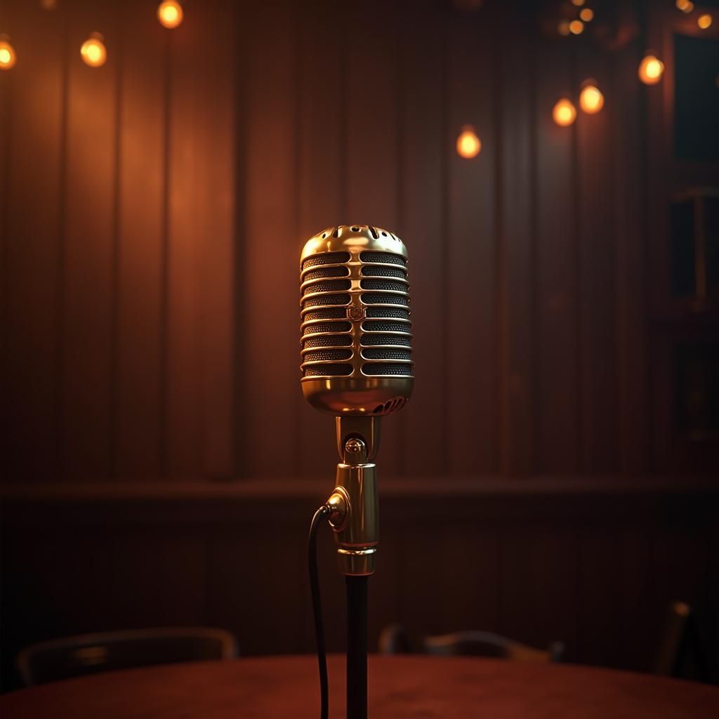 Golden Microphone in Starry Pub, 3D Concept Art