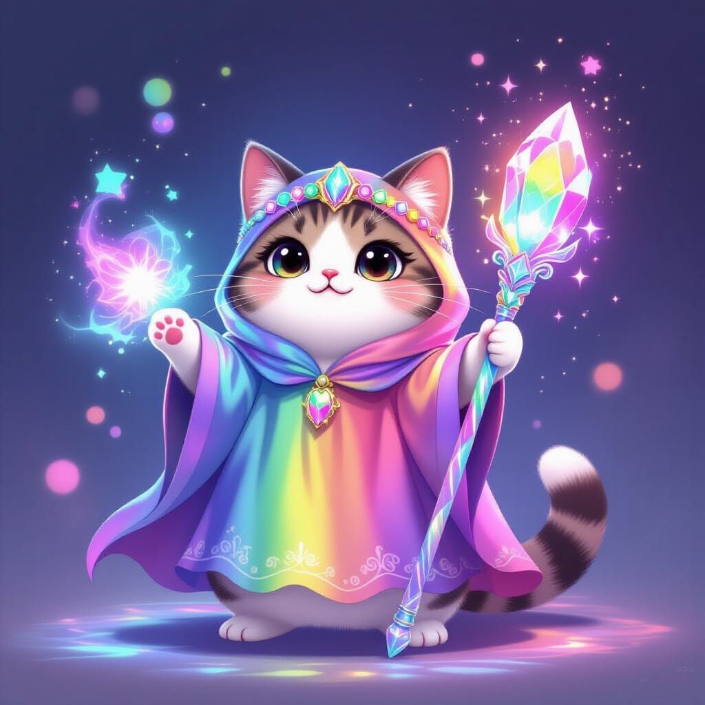 Magical Pusheen Casting Rainbow Spell with Crystal Staff