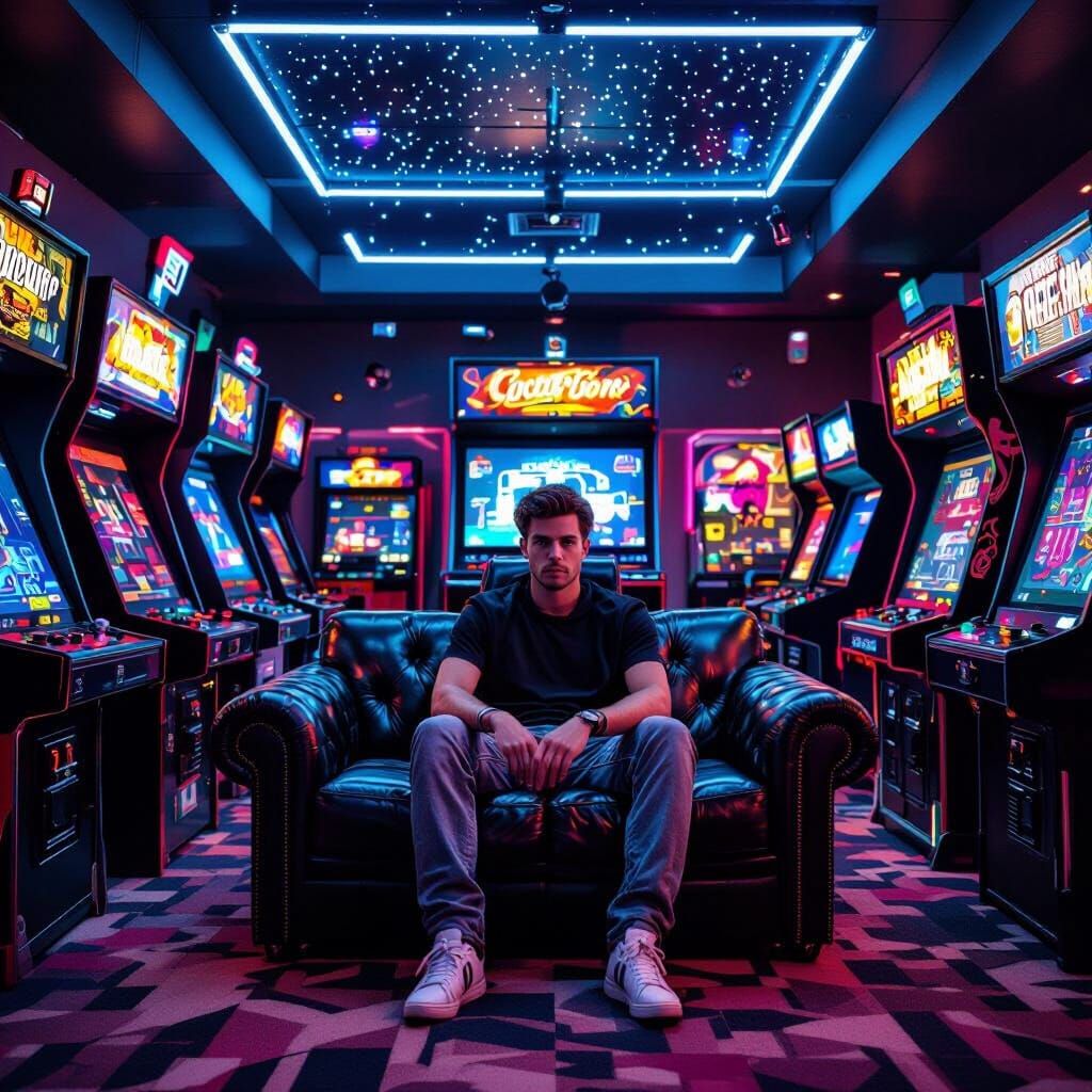 Retro Arcade Room with Star Ceiling in Neon Style