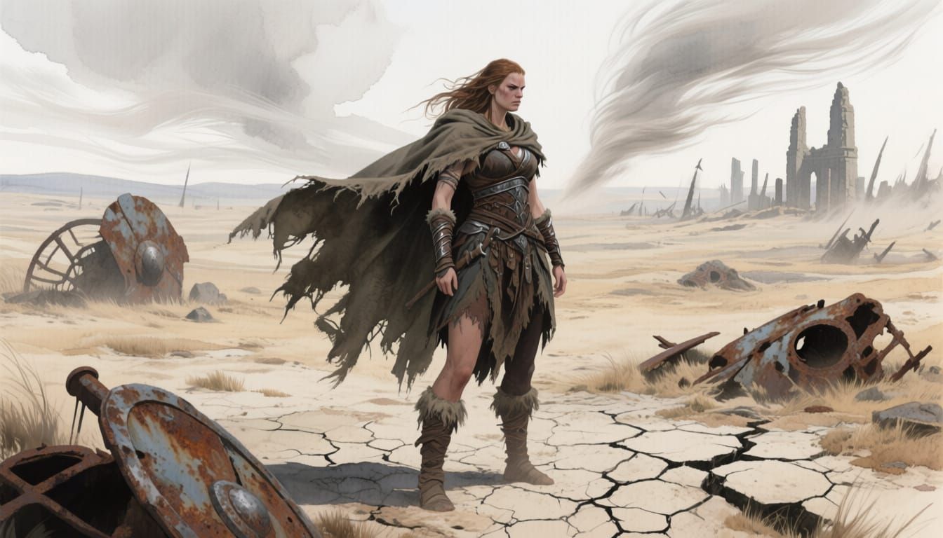 Stoic Barbarian Warrior on Desolate Plain
