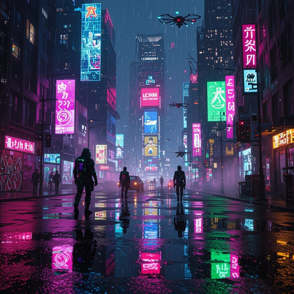 Neon Cityscape at Night in Cyberpunk Style