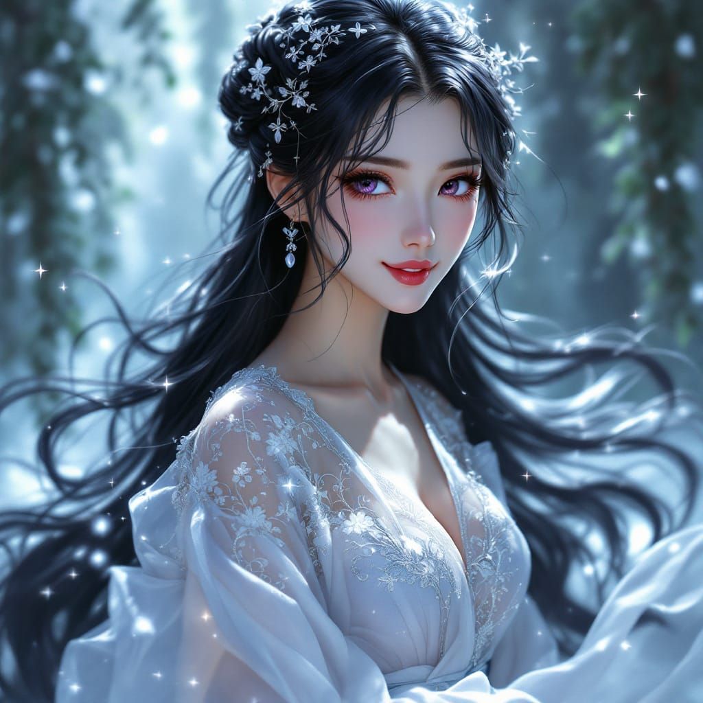 Anime picture of a woman. With eyes like pools of liquid amethyst and a smile that could melt glaciers, she possessed a ...