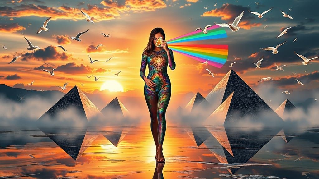 Woman with Prism Bending Light in Surreal Landscape