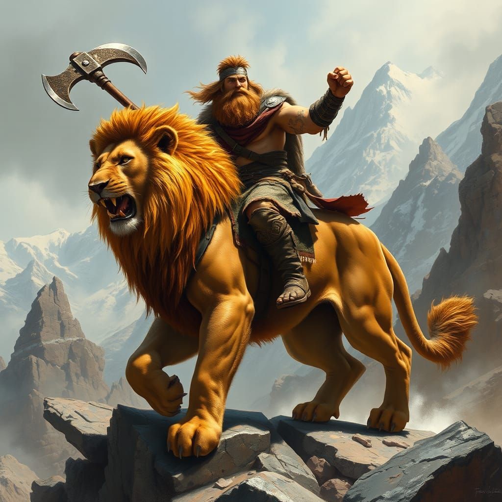 Barbarian Warrior Rides Lion in Fantasy Landscape