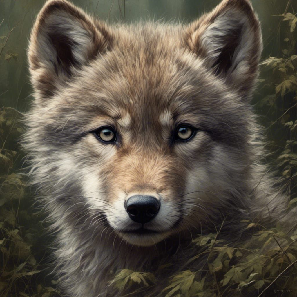 Close-up of a grey wolf cub in the forest