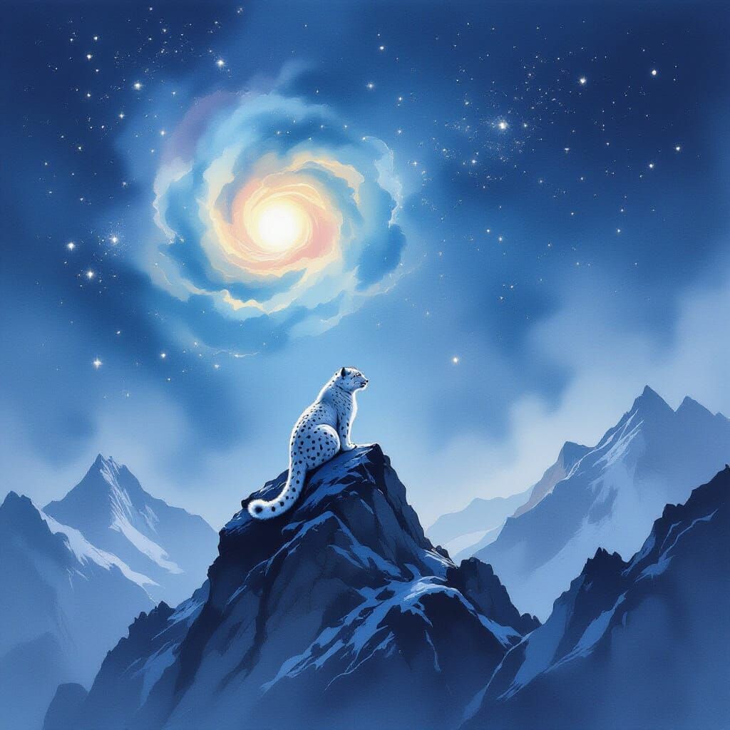 Snow Leopard Gazes at Nebula on Mountain Peak in Watercolor ...