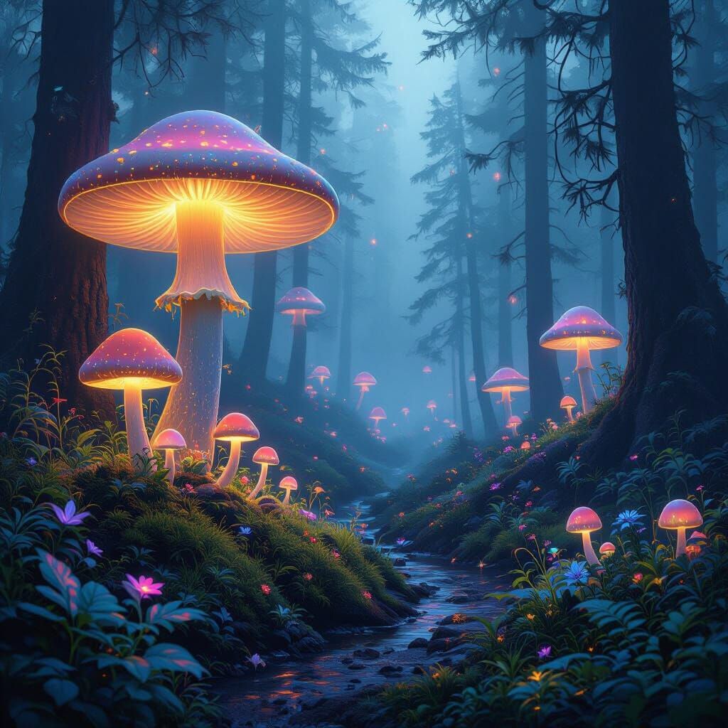 Mystical Forest Landscape with Glowing Flora